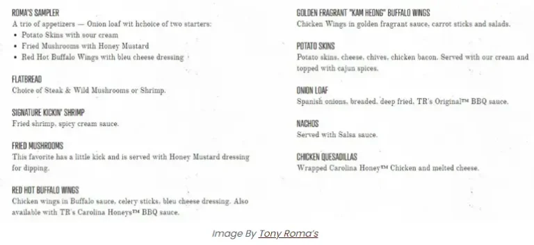 Harga Tony Roma’s Menu