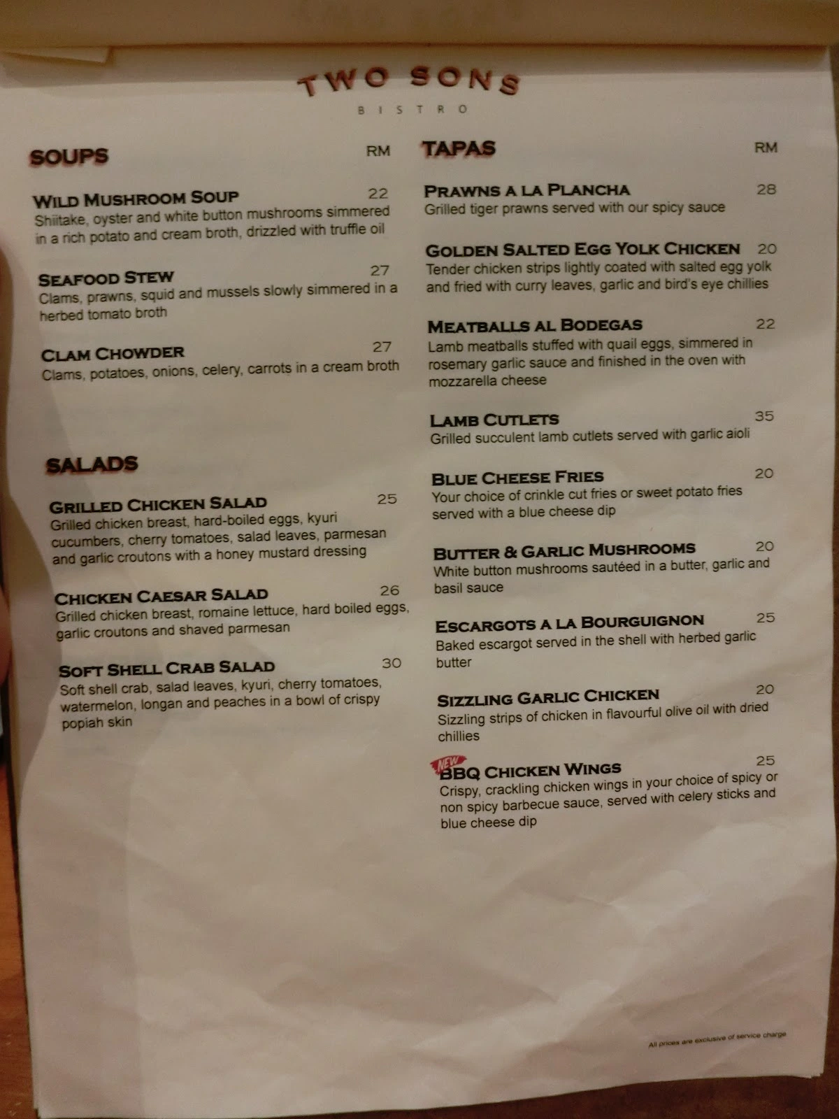 Harga Two Sons Bistro Menu